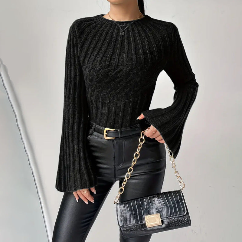 Damen Strickpullover mit weitem Ärmel und Zopfmuster R&B