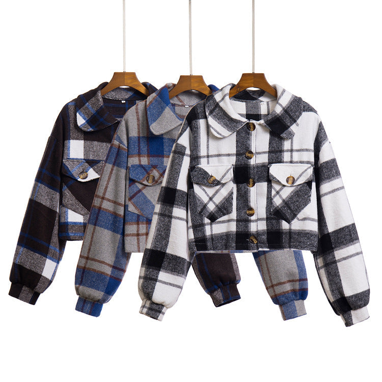 Damen modische Karojacke mit cropped Schnitt und praktischen Taschen R&B