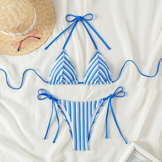 Damen Triangel-Bikini mit raffinierten Streifen und verspielten Schleifen R&B