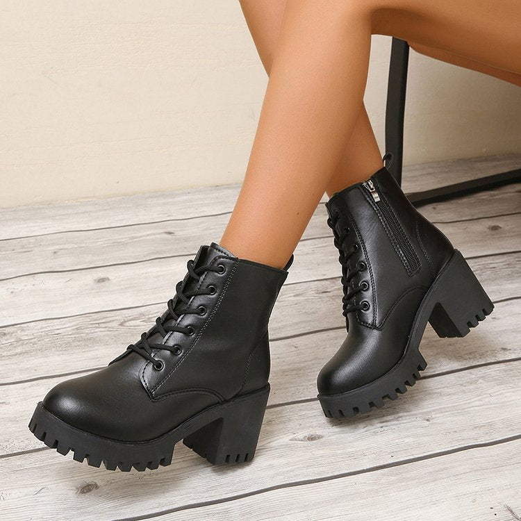 Damen High-Top Stiefeletten mit robustem Blockabsatz und Schnürung R&B