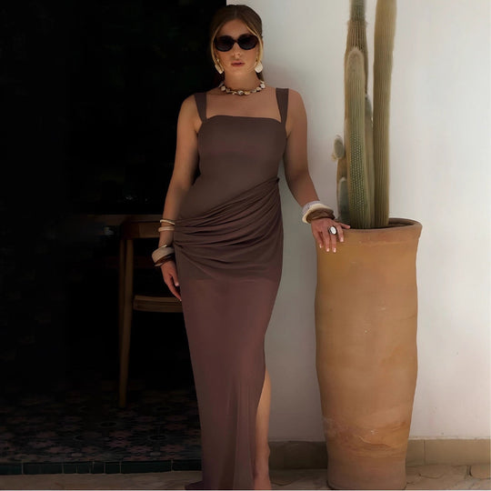 Damen Elegantes Maxikleid mit raffinierten Drapierungen und transparentem Rock R&B