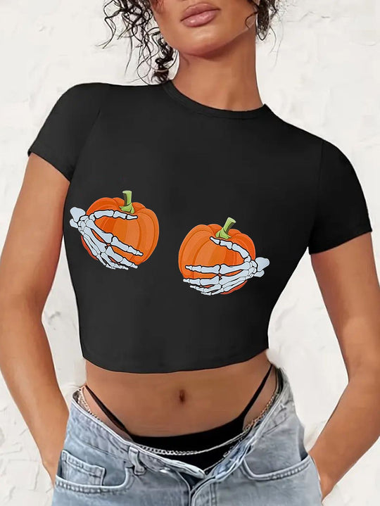 Damen Crop-T-Shirt mit kreativem Lippenmotiv und figurbetontem Schnitt R&B