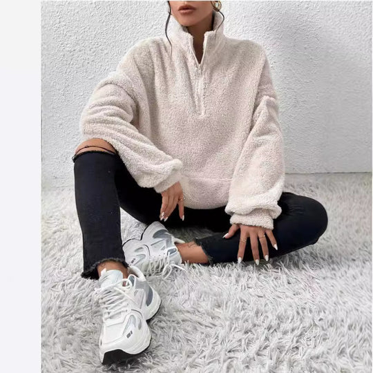 Damen Kuscheliger Fleece-Pullover mit Stehkragen und Eingrifftaschen R&B