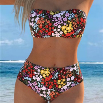 Damen Bikini-Set mit strapazierfähigem Bandeau-Oberteil und hoch geschnittenen Badeshorts R&B