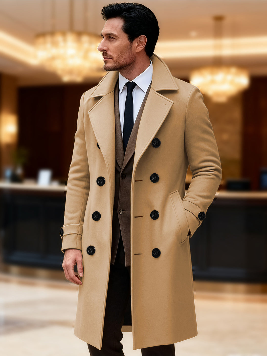 Herren eleganter doppelreihiger Wollmantel R&B