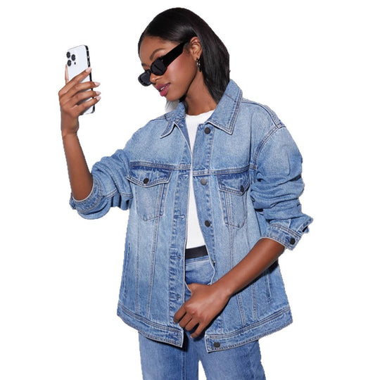 Damen Oversized Denimjacke im lässigen Schnitt mit aufgesetzten Taschen R&B