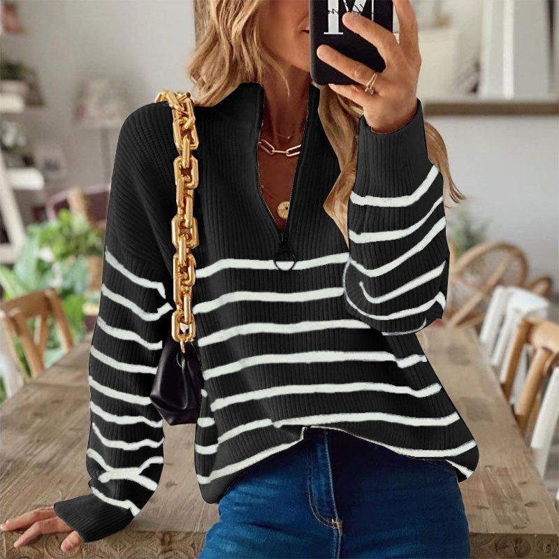 Damen Strickpullover mit halbem Reißverschluss und Streifenmuster R&B