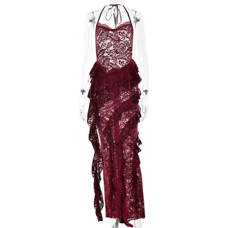 Damen verführerisches Spitzenkleid mit asymmetrischem Saum und Rüschendetails R&B