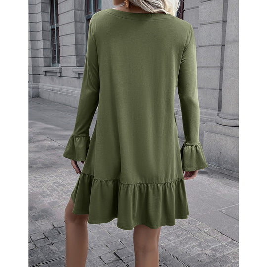 Damen lockeres Kleid mit schmeichelndem V-Ausschnitt und Glockenärmeln R&B