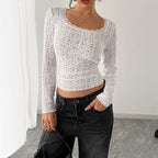 Damen nan figurbetontes Spitzen-Ajour-Langarmshirt mit Quadratausschnitt R&B