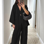 Damen nan entspanntes Zweiteiler-Leinenensemble mit kimonoartiger Oversize-Jacke und weiter Palazzohose R&B