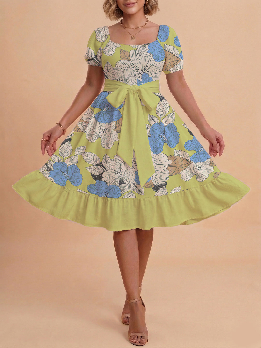 Damen Blumenkleid mit taillierbarem Gürtel und voluminösen Ärmeln R&B