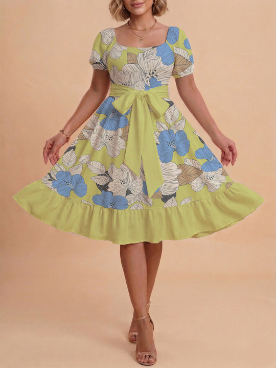 Damen Blumenkleid mit taillierbarem Gürtel und voluminösen Ärmeln R&B