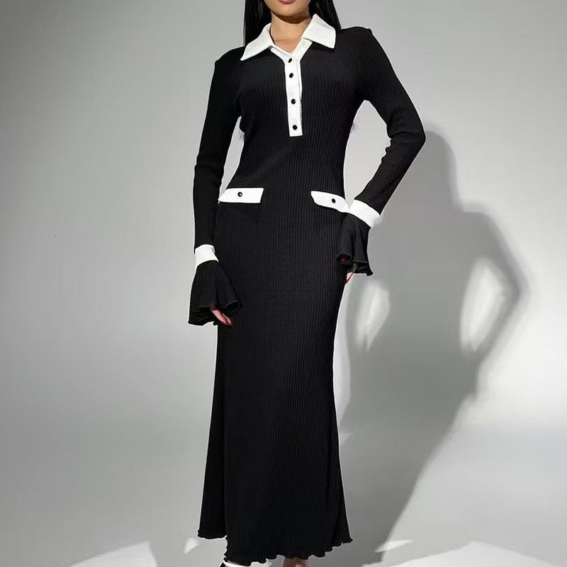 Damen elegantes Maxikleid mit Kontrastkragen und schmeichelhaften Ärmelverzierungen R&B
