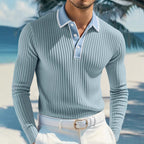 Herren nan schmal geschnittenes Rippstrick-Poloshirt mit Langarm, Kontrastpaspel und feiner Struktur R&B