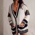 Damen lässiger Strickcardigan mit großen Taschen und stilvollen Kontraststreifen R&B