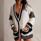 Damen lässiger Strickcardigan mit großen Taschen und stilvollen Kontraststreifen R&B