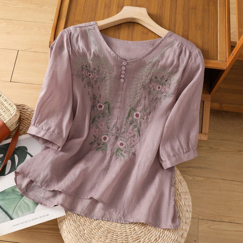 Damen Blusenshirt mit floralem Stickdesign und knöpfbarem Ausschnitt R&B
