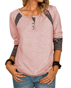 Damen lässiges Langarmshirt mit gestreiften Farbblockdetails und Knopfverschluss