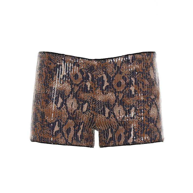 Damen Set aus schimmerndem Top und kurzen Shorts im Animal-Print R&B