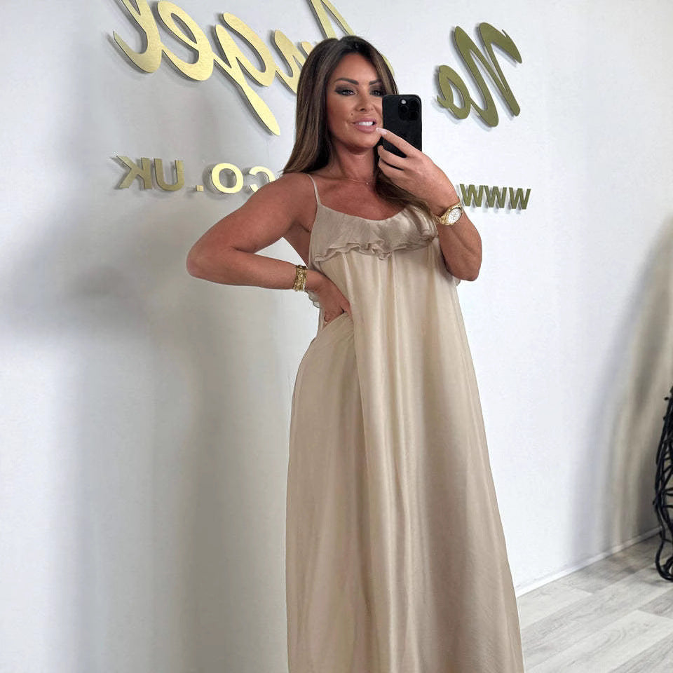 Damen Maxikleid mit zarter Rüschendetail und Spaghettiträger R&B
