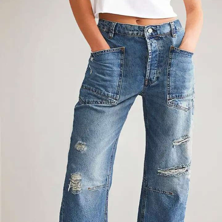 Damen weit geschnittene Jeans mit kreativen Taschen und Destroyed-Details R&B