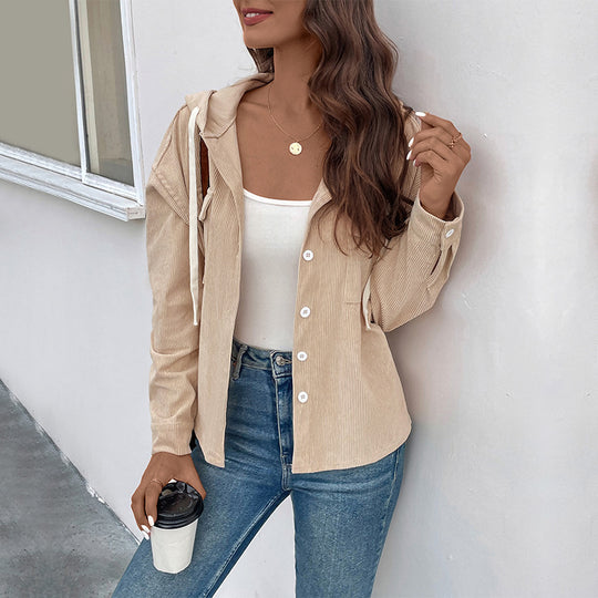 Damen Cordjacke mit Kapuze und Knopfverschluss R&B