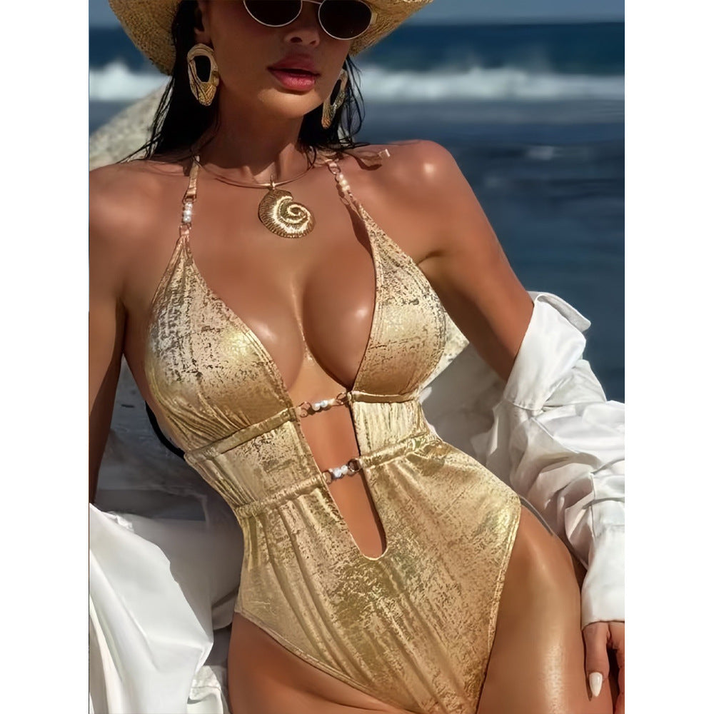 Damen Einteiler-Badeanzug mit verführerischem Cut-Out und Glanzdetails R&B