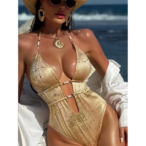 Damen Einteiler-Badeanzug mit verführerischem Cut-Out und Glanzdetails R&B