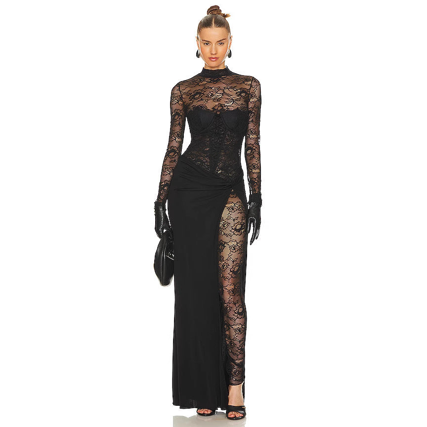 Damen Lange Spitze Kleid mit transparenten Einsätzen und elegantem Schlitz R&B