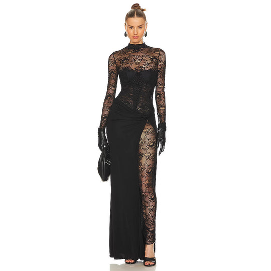 Damen Lange Spitze Kleid mit transparenten Einsätzen und elegantem Schlitz R&B