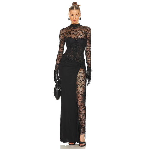 Damen Lange Spitze Kleid mit transparenten Einsätzen und elegantem Schlitz R&B