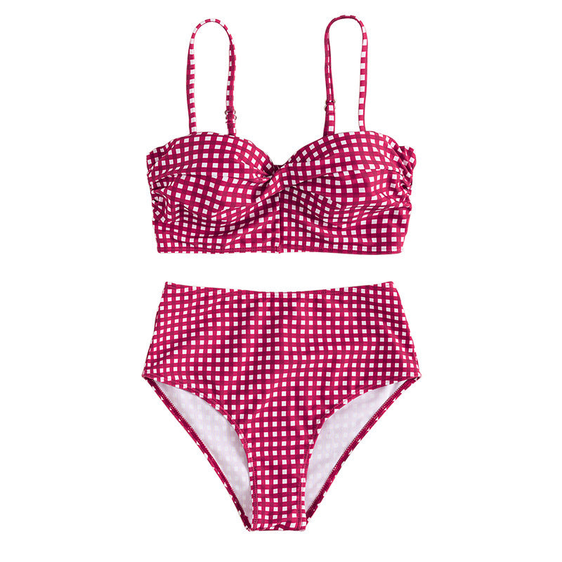 Damen Hochtaillierter Bikini mit karierter Struktur R&B