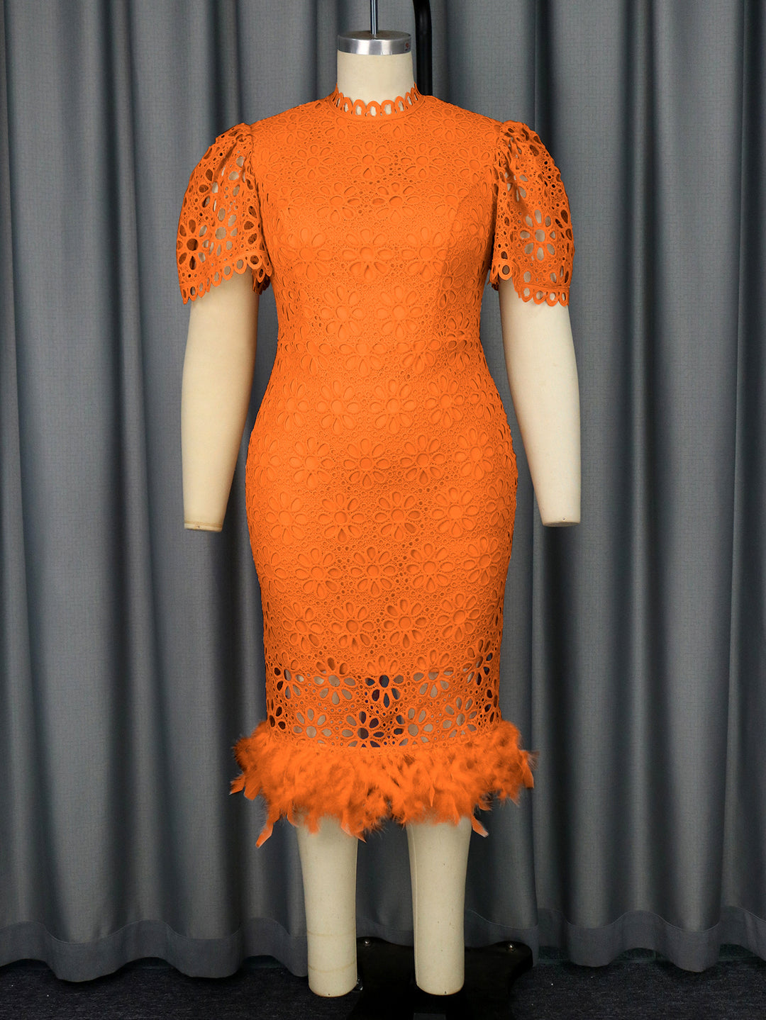 Damen Elegantes Kleid mit floralen Spitzenakzenten und Federdetails R&B