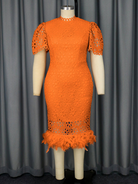 Damen Elegantes Kleid mit floralen Spitzenakzenten und Federdetails R&B