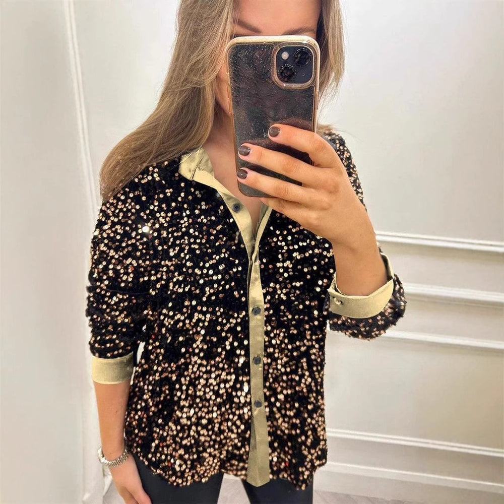 Damen Glitzernde Bluse aus Pailletten mit klassischem Kragen R&B