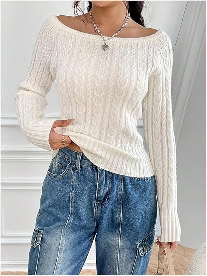 Damen Strickpullover mit elegantem Zopfmuster und italienischem Rundhalsausschnitt R&B
