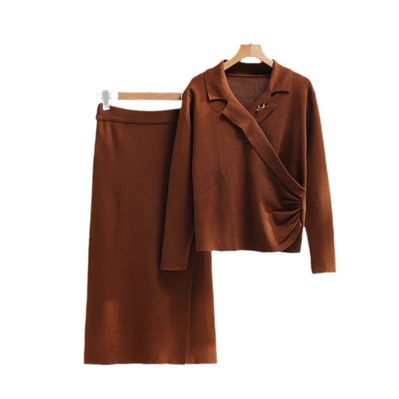 Damen elegantes Strickensemble mit Wickeloberteil und raffinierter hoher Taillierung R&B