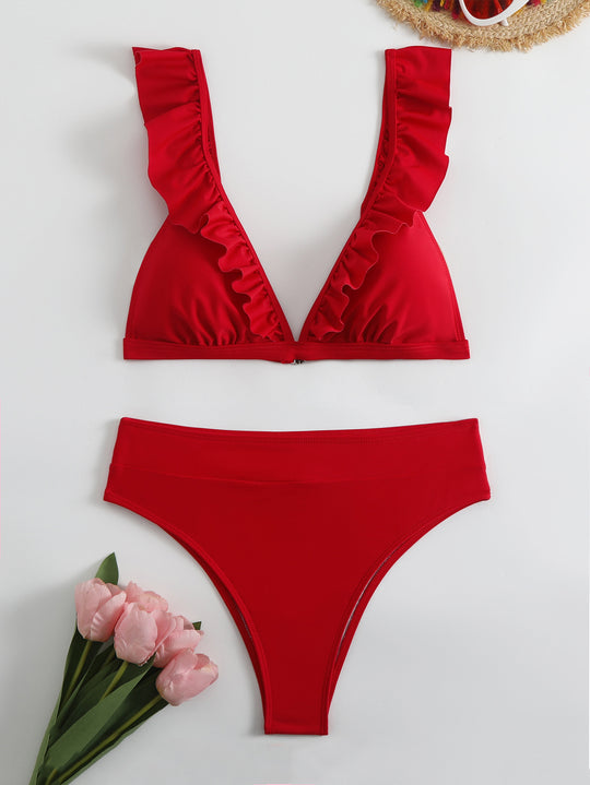 Damen Raffiniertes Triangel-Bikini-Set mit Rüschendetails R&B