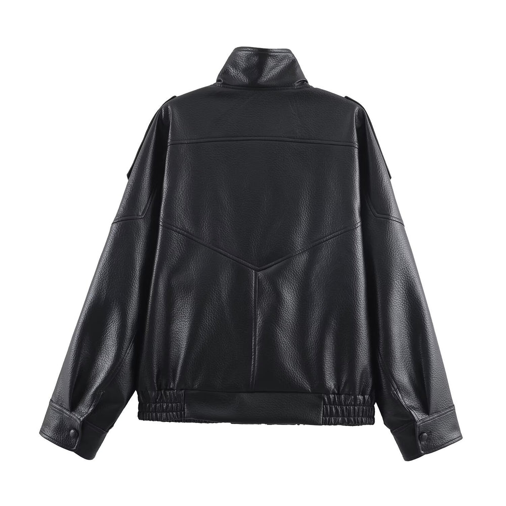 Damen Kunstlederjacke im modernen Design mit hochgeschlossenem Kragen und praktischen Taschen R&B
