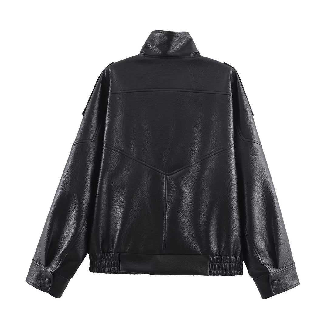 Damen Kunstlederjacke im modernen Design mit hochgeschlossenem Kragen und praktischen Taschen R&B