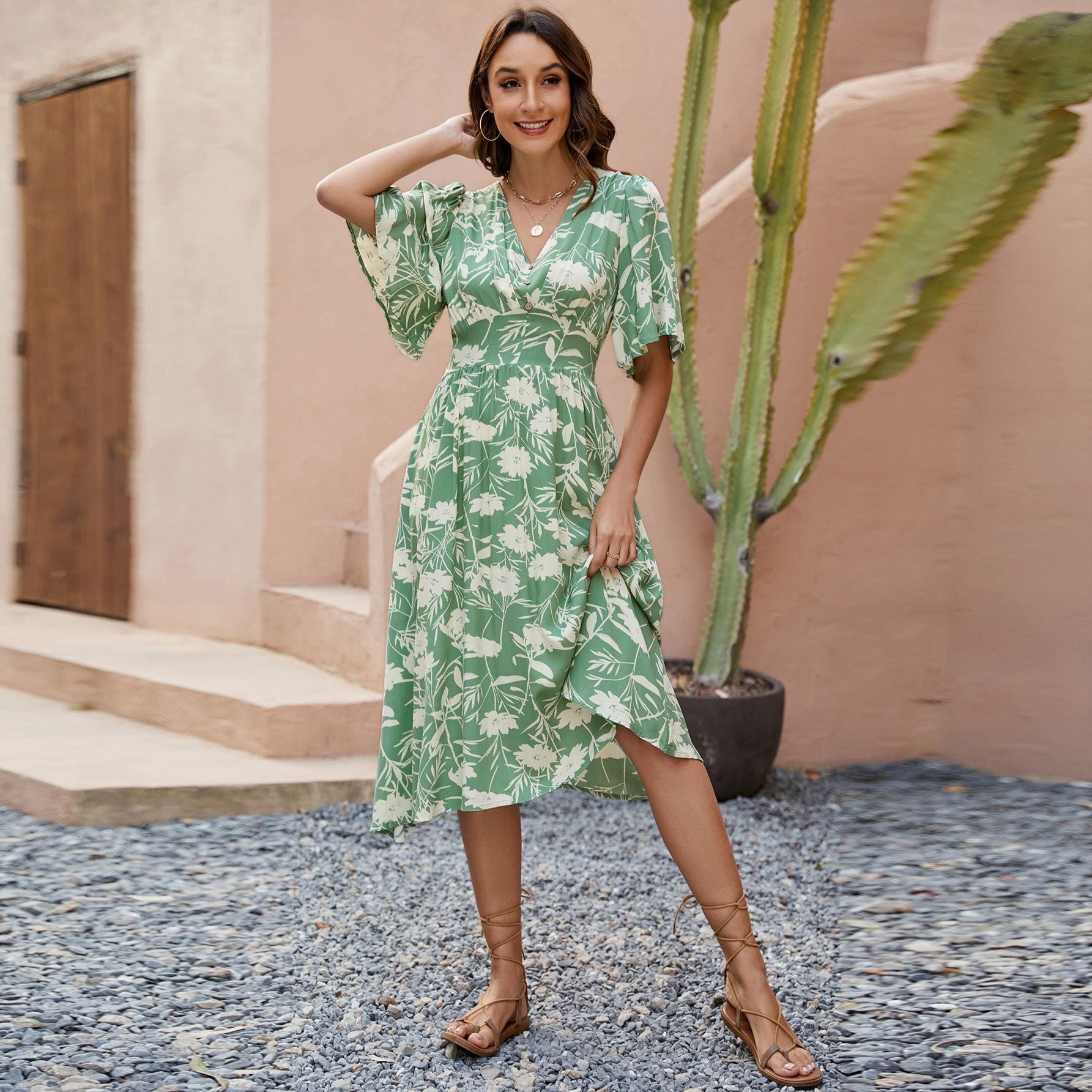 Damen Midi-Kleid mit V-Ausschnitt und voluminösen Ärmeln R&B