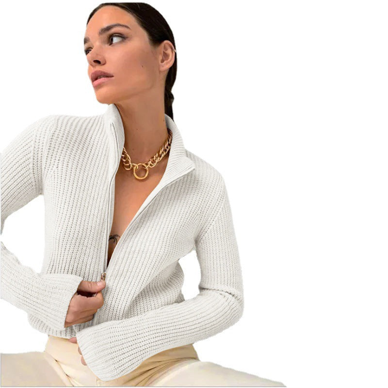Damen Strickjacke mit hohem Kragen und innovativem Zipper R&B