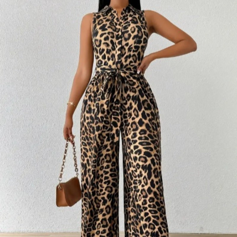 Damen Jumpsuit mit Leopardenmuster und Taillengürtel R&B