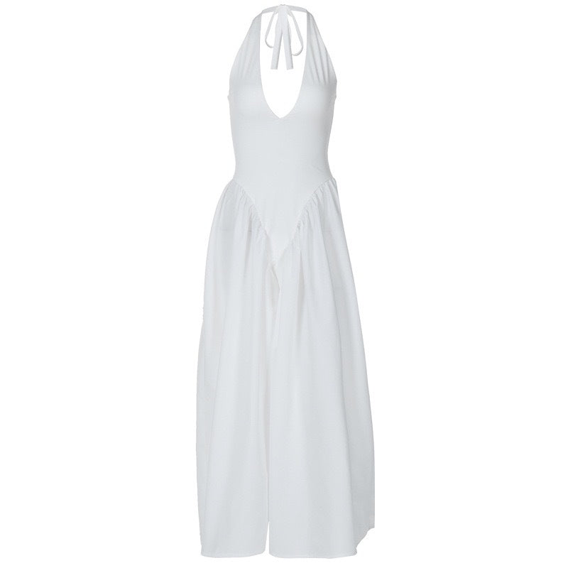 Damen Elegantes Maxikleid mit tiefem V-Ausschnitt und fließendem Rock R&B