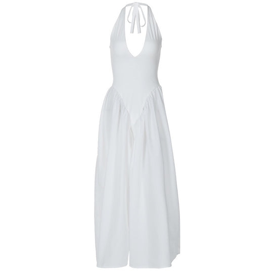 Damen Elegantes Maxikleid mit tiefem V-Ausschnitt und fließendem Rock R&B