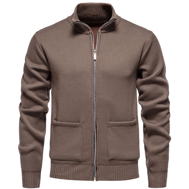 Herren lässige Strickjacke mit hohem Kragen und praktischen Taschen R&B