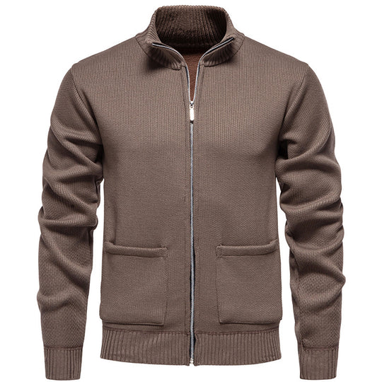 Herren lässige Strickjacke mit hohem Kragen und praktischen Taschen R&B