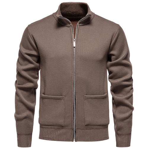 Herren lässige Strickjacke mit hohem Kragen und praktischen Taschen R&B