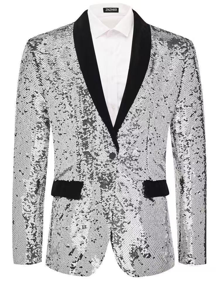 Herren Smokingblazer mit glänzenden Pailletten und eleganter Satinkragen R&B